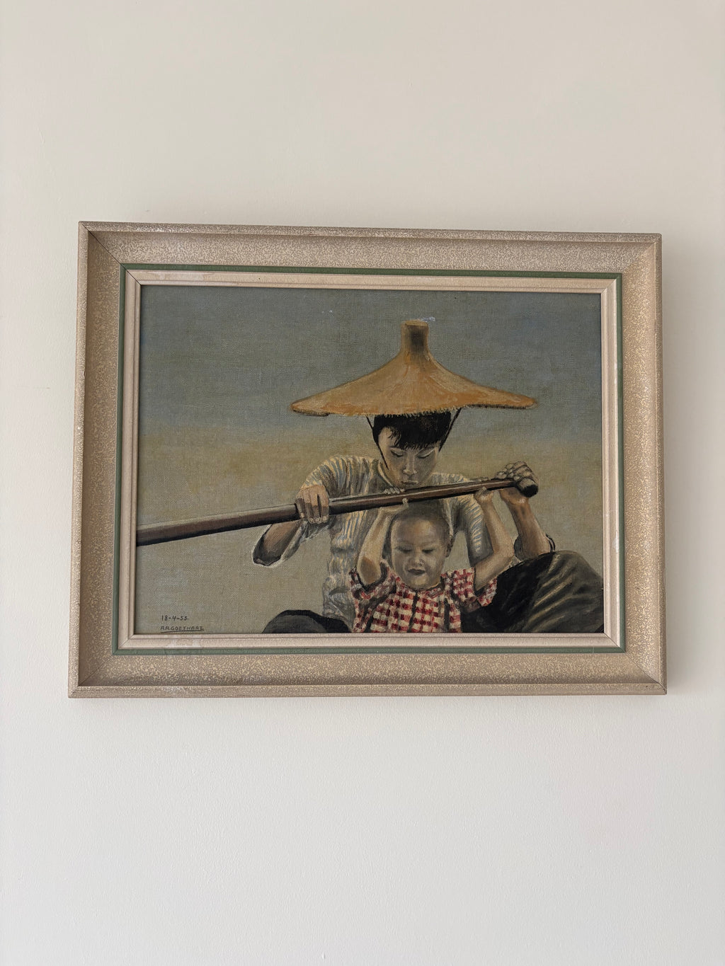 Moeder en kind in boot,schilderij