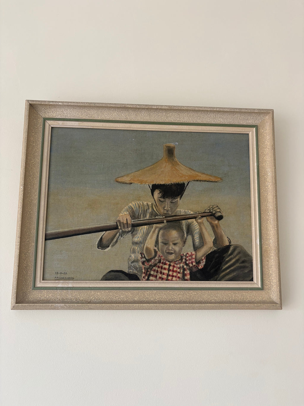 Moeder en kind in boot,schilderij