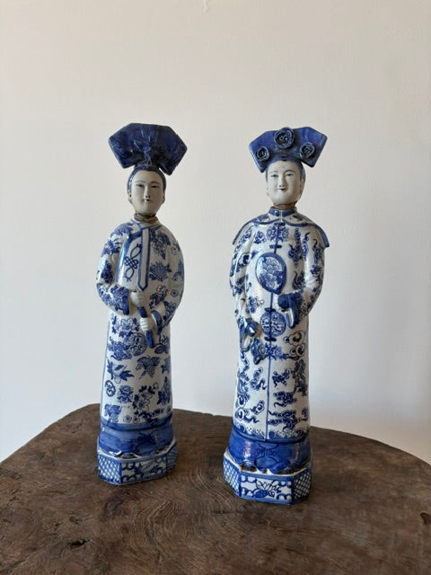 Chinees blauw wit porseleinen Beeldjespaar