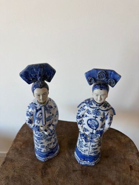 Chinees blauw wit porseleinen Beeldjespaar